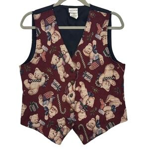 Bobbie‎ Brooks Women S Teddy Bear Candy Cane Tapestry Vest Holiday Christmas Vtg